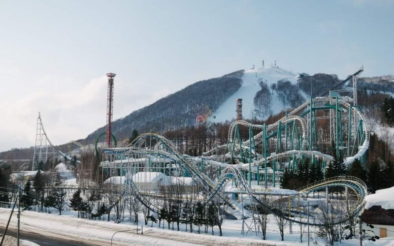 Rusutsu resort in the winter with a snow covered amusement park